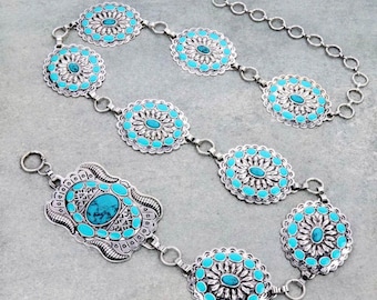 Genuine Royston Turq. Slab & Sterling Silver 11 Conchos Belt, Artist-Adam Fierro Sterling Silver Blue Kingman Turquoise Slab Concho Belt by  main image 2