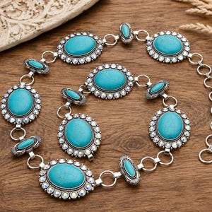 Western Turquoise Oval Concho Belt | Burnished Silver Rhinestone Cowgirl Chain Belt