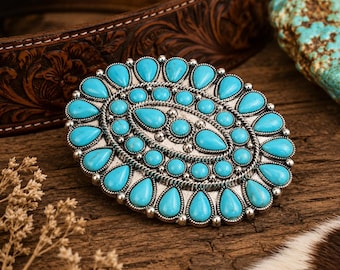 Western Turquoise Concho Belt Buckle | Antique Silver Southwestern Statement Buckle