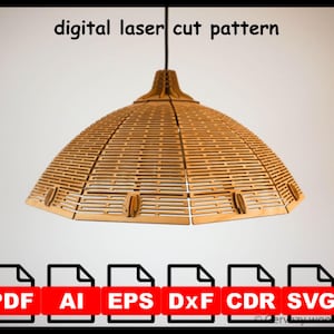 以下が含まれることがあります： レーザーカットされた木材ストリップで作られた、ドーム型のシェードが付いた木製のペンダントライト。デザインは水平のスロットが特徴で、幾何学模様を作り出しています。「digital laser cut pattern」の文字が上部にあります。ファイル形式には、PDF、AI、EPS、DXF、CDR、SVGが含まれます。
