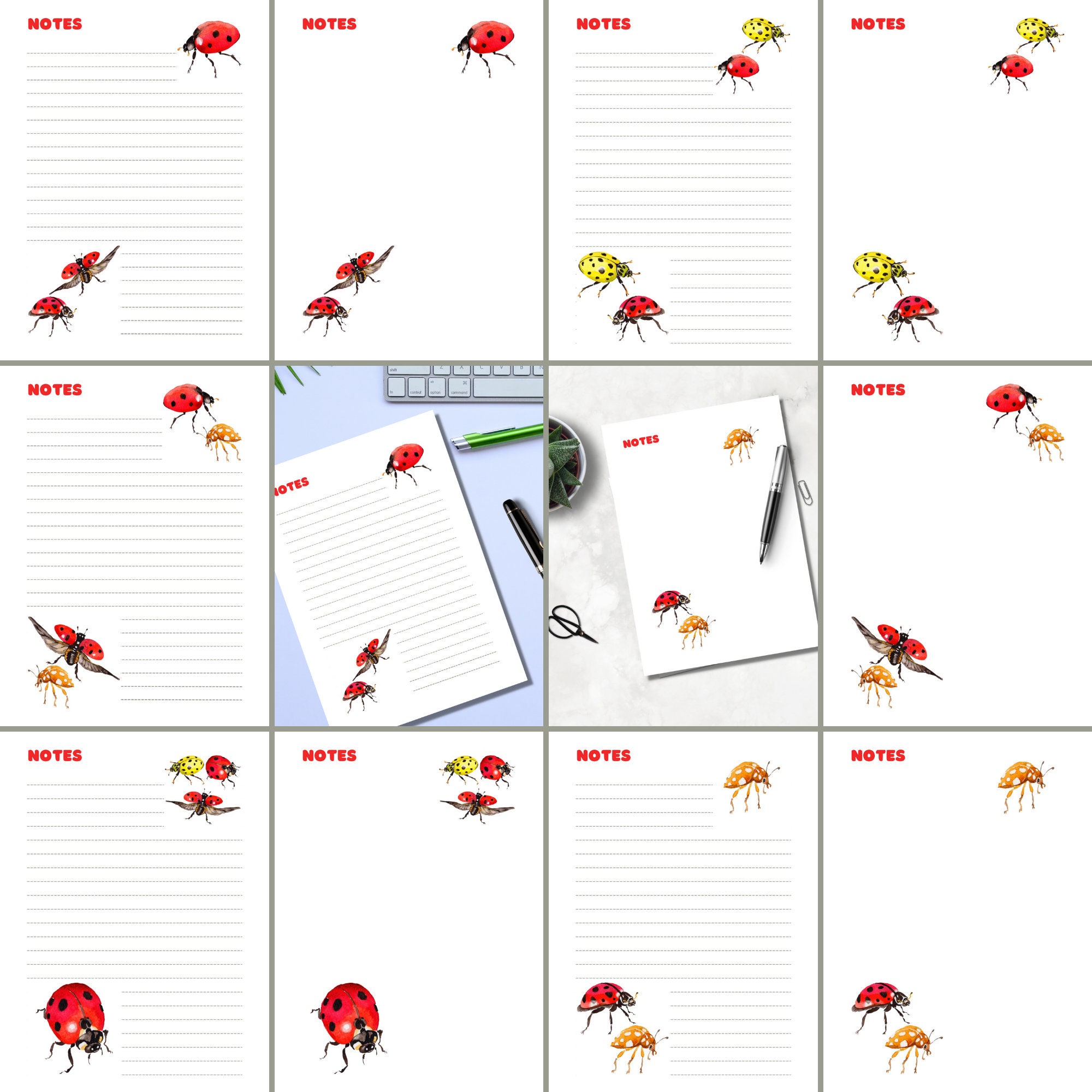 Ladybug Watercolor Stationery | PNG & PDF | Lined and Unlined ...