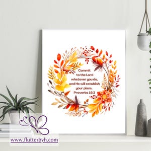 Proverbs 16:3 Commit to the Lord all you do, and He will establish your plans - Autumn Watercolor Wreath Artwork in PDF, PNG and SVG Formats