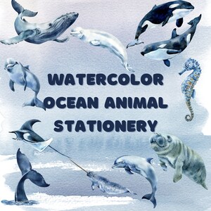 Papelería imprimible de animales marinos en acuarela, papel de notas imprimible, papel de carta digital, descarga instantánea, delfín