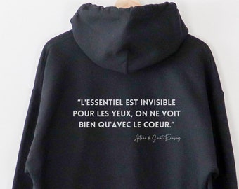 Black hoodie with French saying, what is essential is invisible to the eye - Hoodie made of organic cotton
