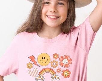 Happy Kinder T-Shirt, Smilies Blumen Regenbogen T-shirt für Mädchen, süßes Sommer T-Shirt, Coole Kinderkleidung