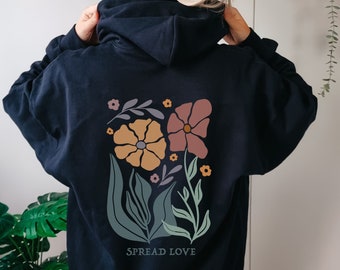 Boho Hoodie Flowers Spread Love - Vegan - Fluffy, soft hoodie, cozy inside, Aesthetic Hoodie