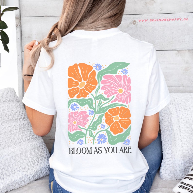 Vintage T shirt Damen aus Biobaumwolle, T-Shirt mit Blumen, Retro Floral Blumen Oberteil White