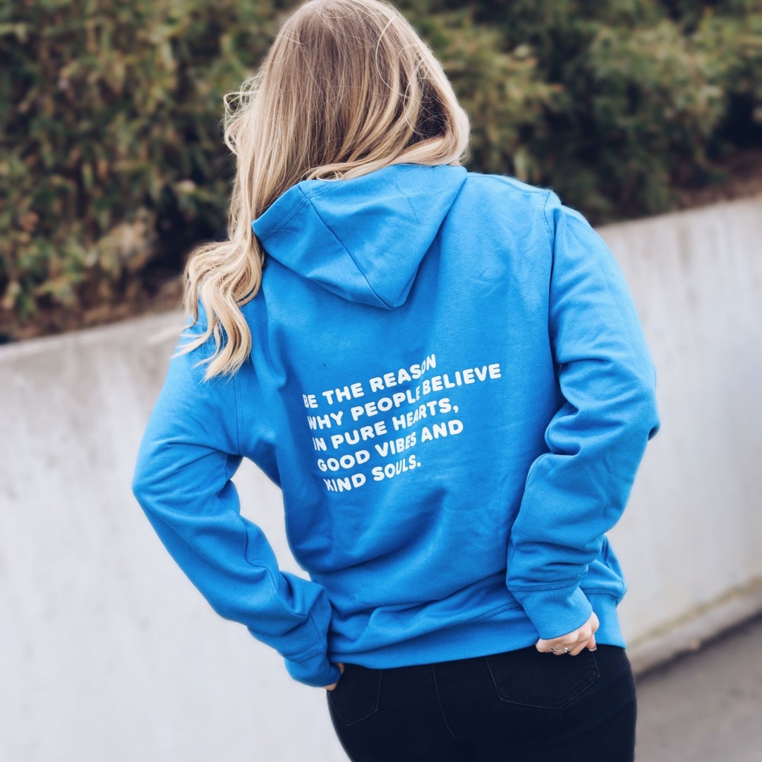 Pullover Hoodie Women Blue With Print Saying Kind Souls, Hooded