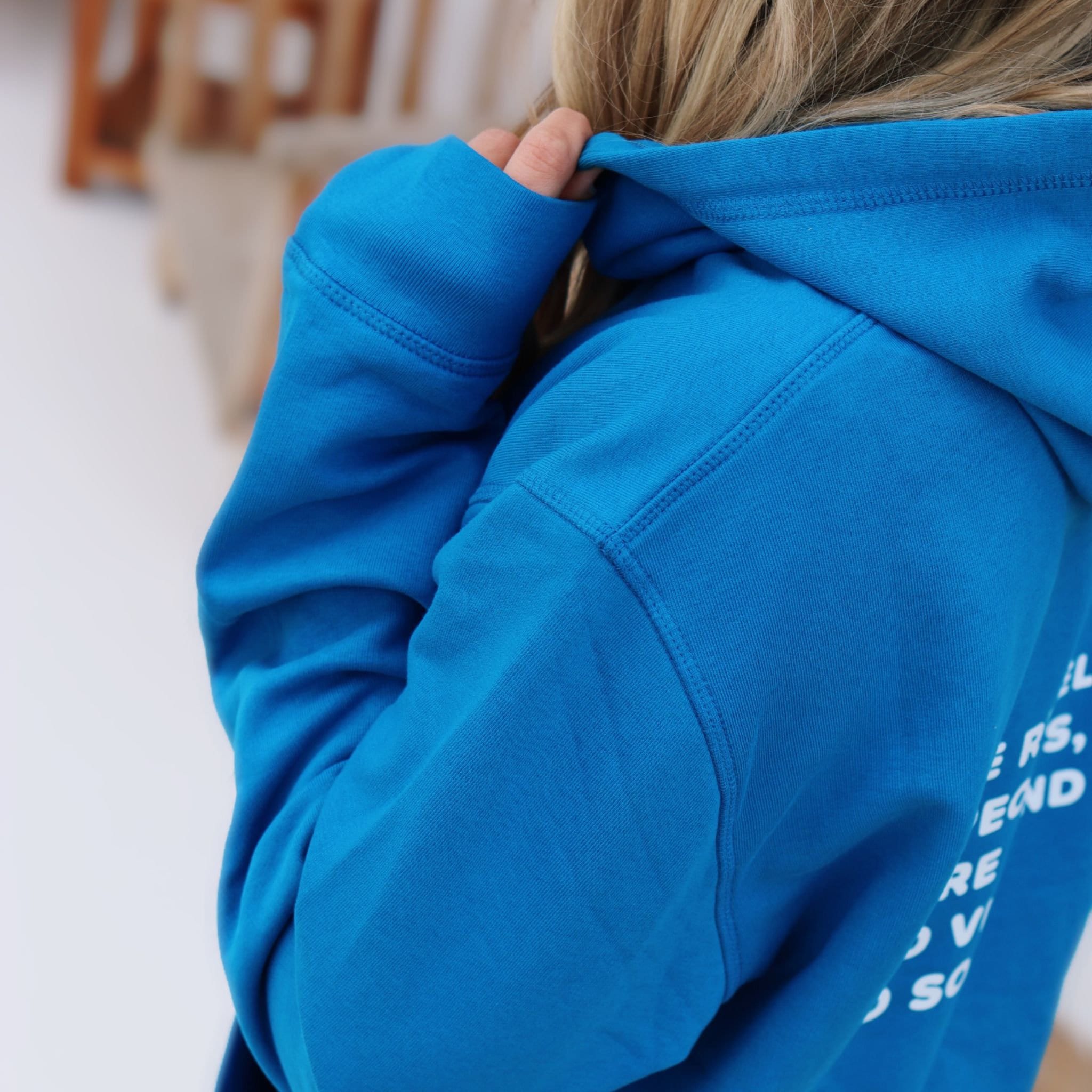 Pullover Hoodie Women Blue With Print Saying Kind Souls, Hooded