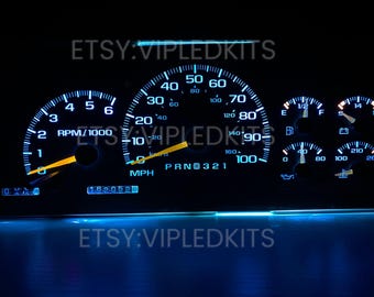 May include: A blue and white dashboard with a speedometer, tachometer, and other gauges. The speedometer reads up to 100 mph and the tachometer reads up to 1000 RPM. The gauges are illuminated in blue. The text "ETSY:VIPLEDKITS" is visible at the top and bottom of the image.
