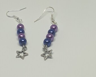 Purple and blue beaded star earrings, star earrings   dangle earrings,  jewellery