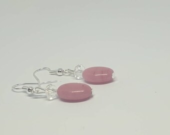 Pink jade and clear beaded earrings,  jade earrings   pink earrings,  jade jewellery,  pink jewellery,  jewellery,  earrings
