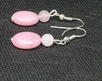Pink jade and rose quartz earrings, dangle  earrings, drop earrings,  pink earrings,  pink jewellery,  earrings, jewellery