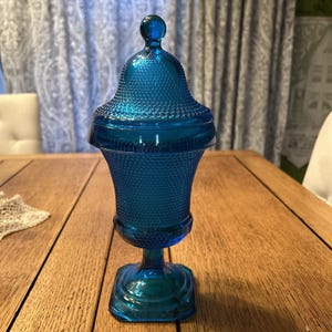 vintage L.E. Smith blue or turquoise blue hobnail Apothecary Jar 11&quot; Tall MCM