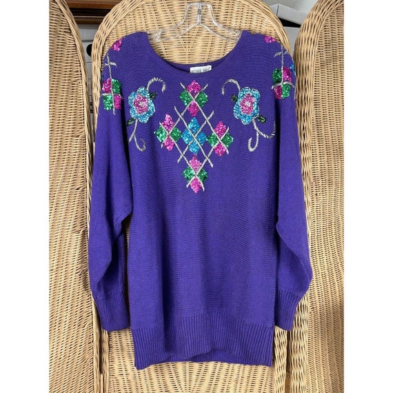 vintage sweater Victoria Jones purple sequins 199… - image 1