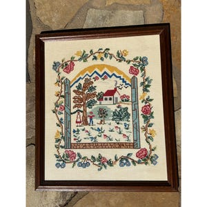 Handcrafted Framed Cross Stitch Art With Rustic Wooden Frame farm floral