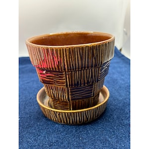 Vintage MCM Brown Ceramic Planter With Saucer - Groovy Geometric Pattern - Made In USA