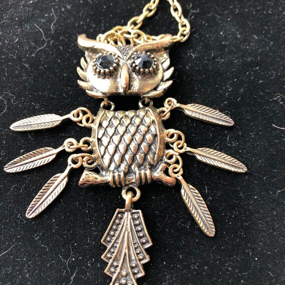 Owl necklace bronze toned articulated wings vinta… - image 2