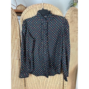 womens tops The Villager size 14 black with colorful polka dots high neck ruffle
