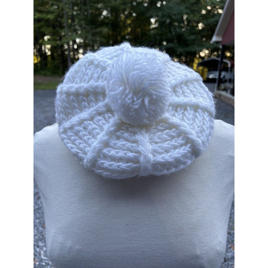 Vtg Newsboy Hat White Knit Pom Pom Etsy