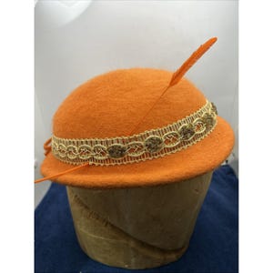 Vtg Cloche Orange Wool Hat Feather 1930