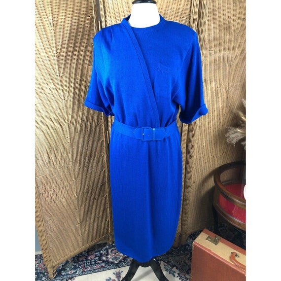 Vintage royal blue sweater dress size 12 wrap look with belt Etsy