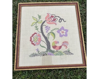 Crewel Embroidered Frame Flower Bird Tulip Kitsch