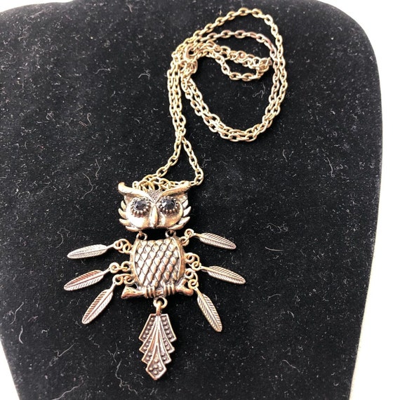 Owl necklace bronze toned articulated wings vinta… - image 1