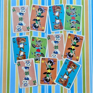 Vintage Whitman Hearts Playing Cards - set of 11. Cute Animal Graphics, 1960s Game Ephemera, Junk Journal Supplies, Paper Crafting