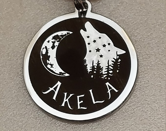 Custom Engraved Stainless Steel Pet ID Tag: Space Wolf Design