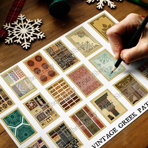May include: A sheet of paper featuring 16 distinct vintage Greek patterns. The patterns are printed in a variety of colours, including black, white, red, green, and blue. The paper is labelled "Vintage Greek Patterns".