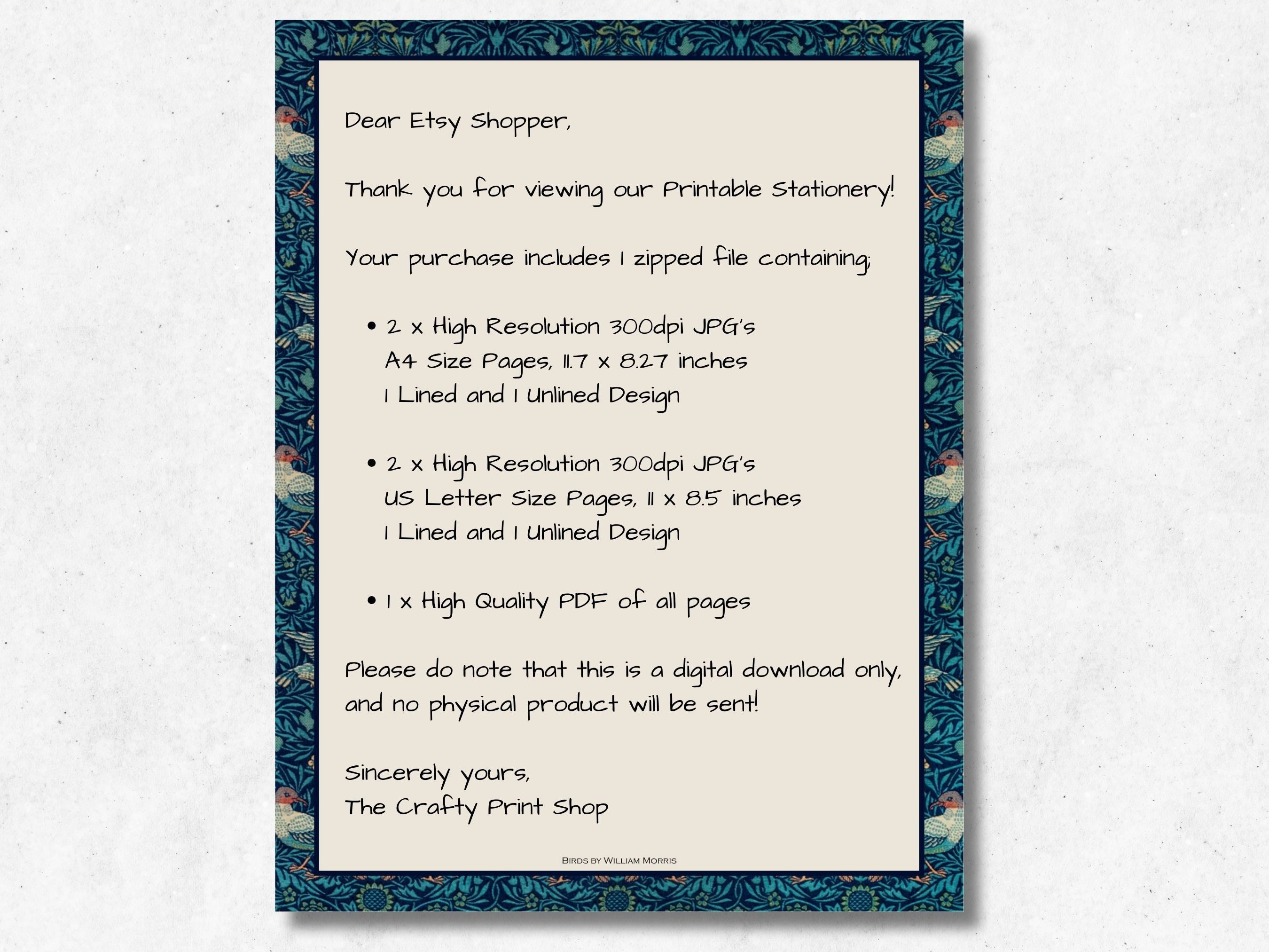 William Morris Printable Stationery, Vintage Birds Writing Paper