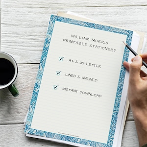 May include: A printable stationery set featuring a William Morris floral design. The set includes A4 and US Letter sizes, lined and unlined options, and is available for instant download.
