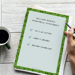 Puede incluir: Un conjunto de papelería imprimible con un diseño de William Morris. El conjunto incluye tamaños A4 y US Letter, papel rayado y sin rayar, y está disponible para descarga instantánea.