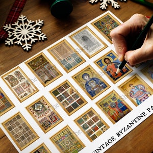 May include: A sheet of paper with 16 framed images of vintage Byzantine patterns. The images are in a grid format and are surrounded by a gold frame. The text "Vintage Byzantine Patterns" is at the bottom of the sheet.