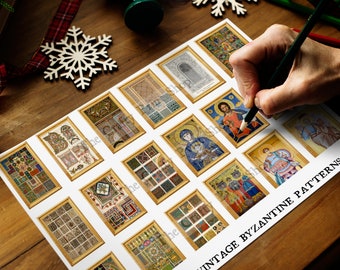 May include: A sheet of paper with 16 framed images of vintage Byzantine patterns. The images are in a grid format and are surrounded by a gold frame. The text "Vintage Byzantine Patterns" is at the bottom of the sheet.
