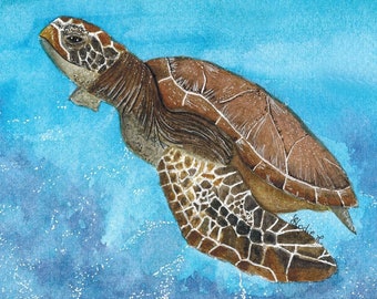 Hand Painted Green Sea Turtle, Original Watercolor Painting, Coastal Artwork, Marine Animal, Ocean Blue and Brown Art, Unframed 7.1" x 5.3"