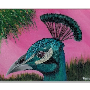 Pfau, Vogelmalerei, Pfau, Pfau, Indianer, Pfau, Acryl auf Leinwand, rosa und blaue Kunst, ungerahmt 24 x 18 cm
