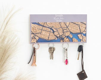 Housewarming Gift, Wooden Key Holder, Location Wood Map, Custom City Map, Magnetic Key Hooks for Wall, Wooden Home Decor, Wooden Wall Decor