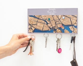 Housewarming Gift, Wooden Key Holder For Wall, Magnetic Key Rack, Personalized Key Holder, Location Wood Map, Custom City Map, Magnetic Key