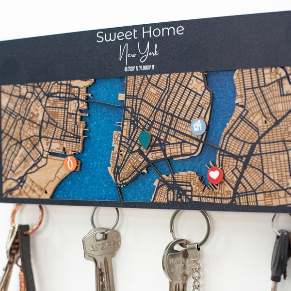 Black Key Holder for Wall, Custom City Map for Wall, Magnetic Key Hooks, Corridor Wall Decor, Wooden Map, Anniversary Gift for Couple