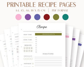 May include: Printable recipe pages in PDF format, available in A4, A5, A6, 10 x 15 cm sizes. The page features a recipe template with sections for prep time, cook time, serves, difficulty, ingredients, directions, and dietary information.