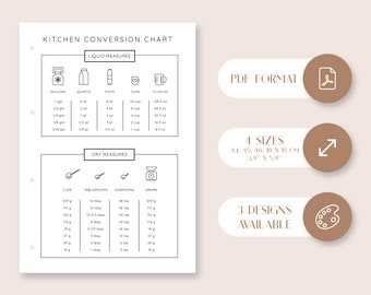Kitchen Measurement PDF, Kitchen Conversions Chart, Printable Conversion Chart, Measurement Cheat Sheet, Kitchen Cheat Sheet, Unique Design
