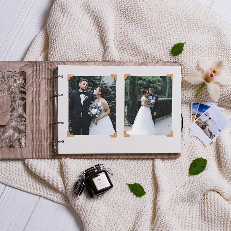 Wedding Photo Album Scrapbook, Wedding Guest Book, Personalized Anniversary Gifts for Wife, Girlfriend, Custom Wood Photo Book for Couple image 8