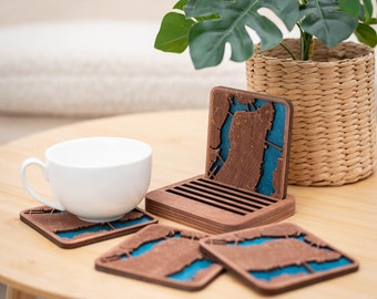 Benutzerdefinierte Karte Untersetzer, quadratische Karte Untersetzer, Untersetzer mit Halter, Bestfriends Geschenkideen, Einweihungsgeschenkidee, Geschenk für ein neues Zuhause, Geschenk für Zuhause