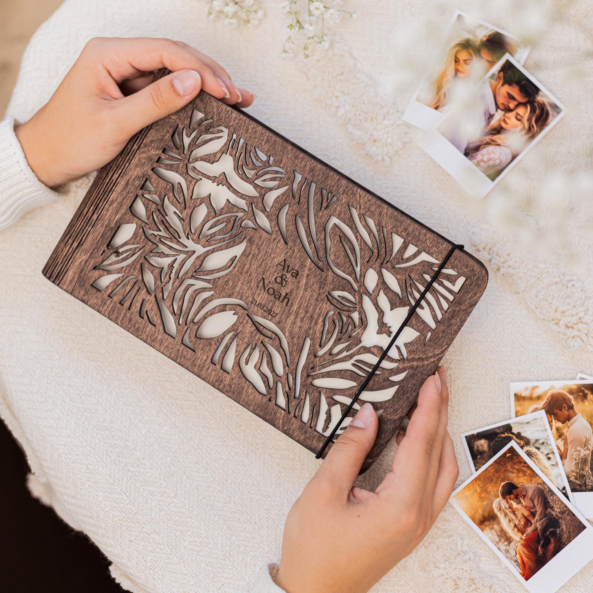 Personalized Gift, Wooden Photo Album Engraved, Scrapbook Album for Her, Custom Family Photo Album Honeymoon, Christmas Gift for Couple