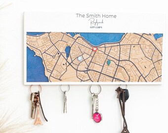 Key Hook, Magnetic Key Holder, Wooden Home Map Key, Location Map Key Holder, Housewarming Gift, Wedding Anniversary Gift, New Home Gift