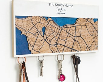 Our first home gift, map key holder, magnetic key hooks, key organizer, custom location key hanger, apartment decor, anniversary gifts idea