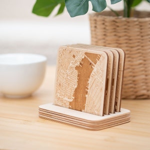Posavasos de mapas de ciudad personalizados, posavasos de ubicación de mapas, posavasos de mapas de madera, posavasos de bebidas grabados, posavasos de mapas personalizados, regalo de inauguración de la casa