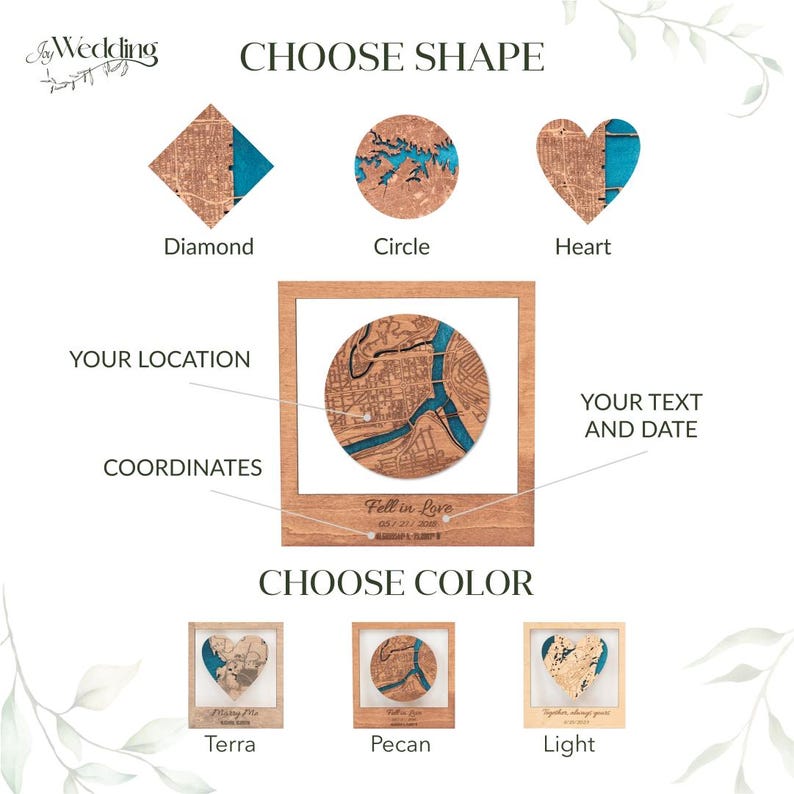 Puede incluir: Un mapa de madera personalizable con opciones de forma, color y texto. Las formas incluyen diamante, c&iacute;rculo y coraz&oacute;n. Los colores son Terra, Pecan y Light. La imagen muestra un mapa de muestra con el texto "Fell in Love".